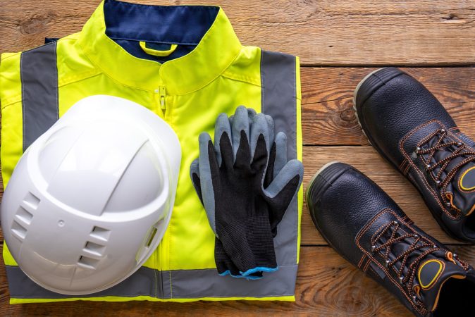 Flat lay, tablet and builder uniform items, builder work and repair concept.